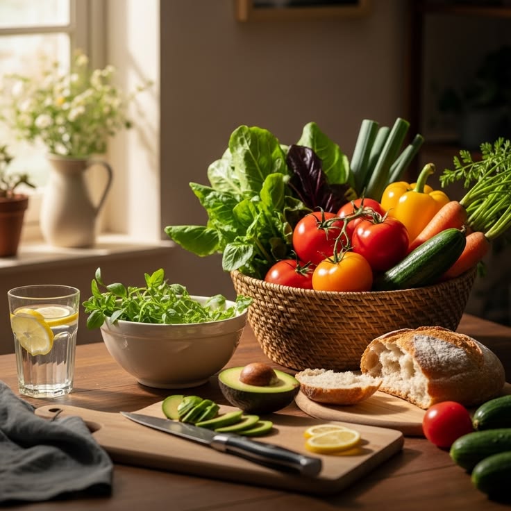 A wooden table arranged with fresh seasonal vegetables, leafy greens, and whole grains
