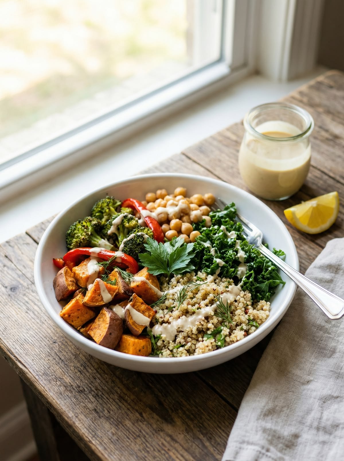 A bowl of mixed grains, roasted vegetables, and greens photographed from above